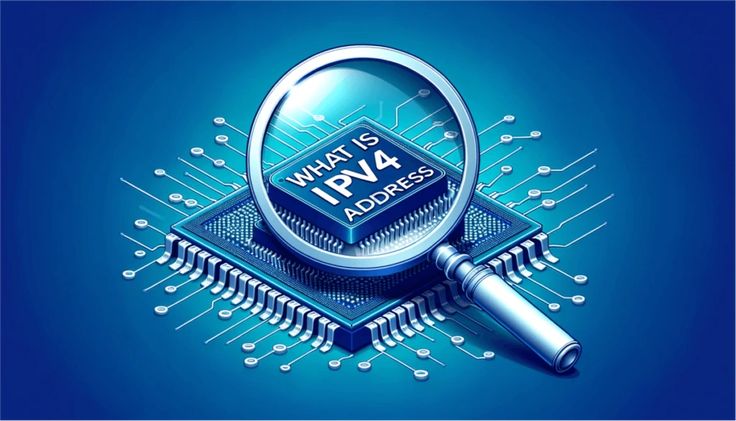 Ilustrasi chip komputer dengan kaca pembesar bertuliskan ‘What is IPv4 Address’